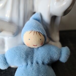 NWOT Grimm's Wooden Toys Small Light Blue Waldorf Doll